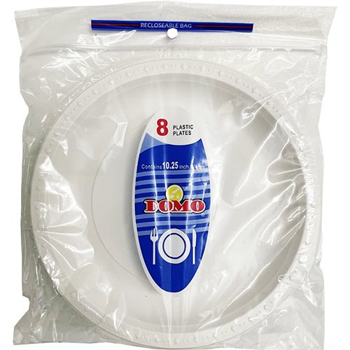 DOMO WHITE PLASTIC PLATES 10.25" 8CT (SKU 10677) - Fraterra Home powered by KB Logistics & Distribution LLC